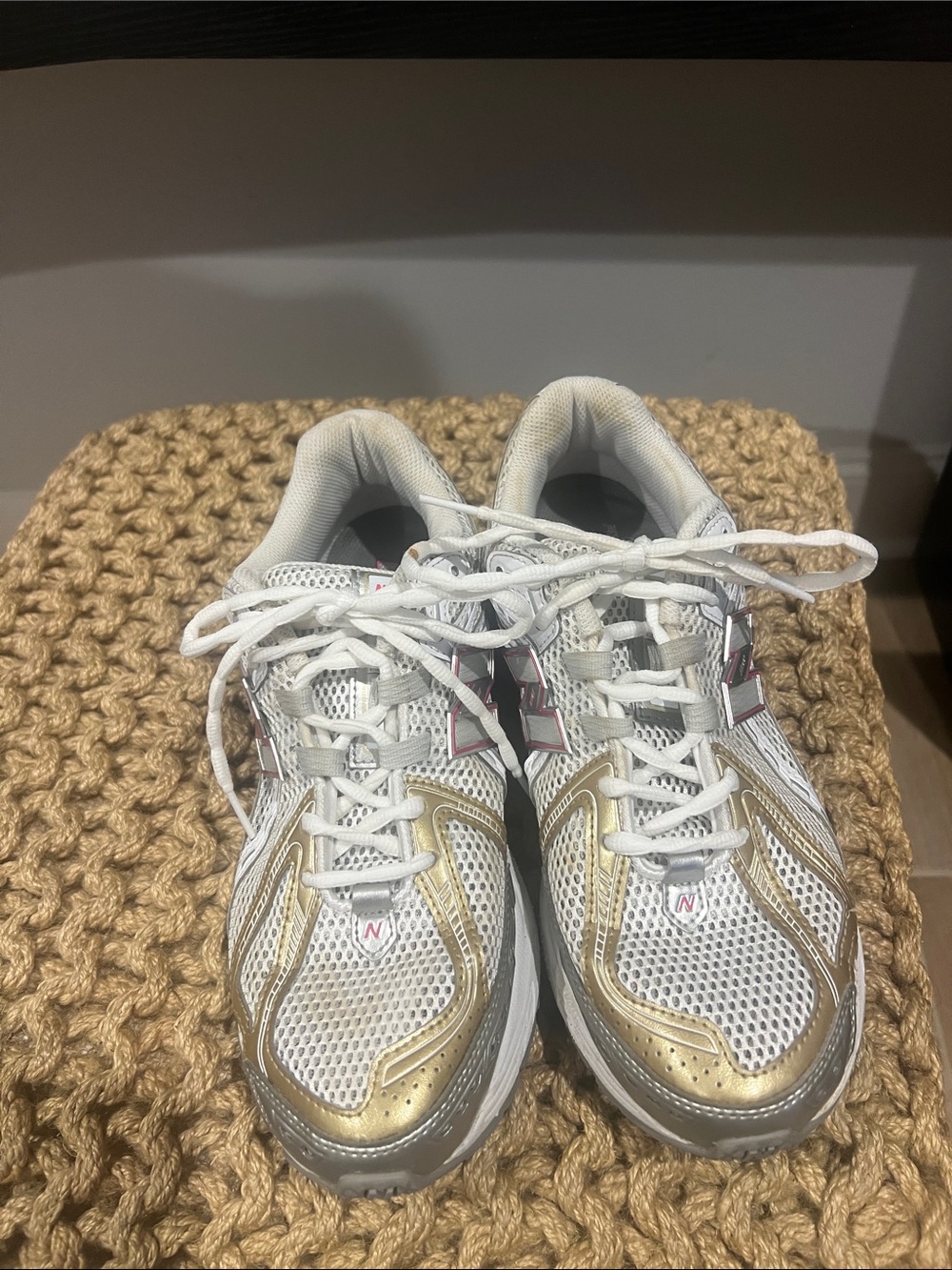 WOMENS NEW BALANCE 1906R White and Gold Mesh Running Sneaker Size 9.5